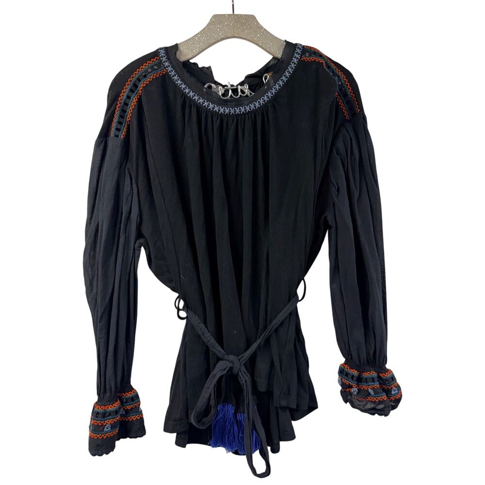 Free People Peasant Top XS Black Embellished Tie Neck Bohemian Embroidered